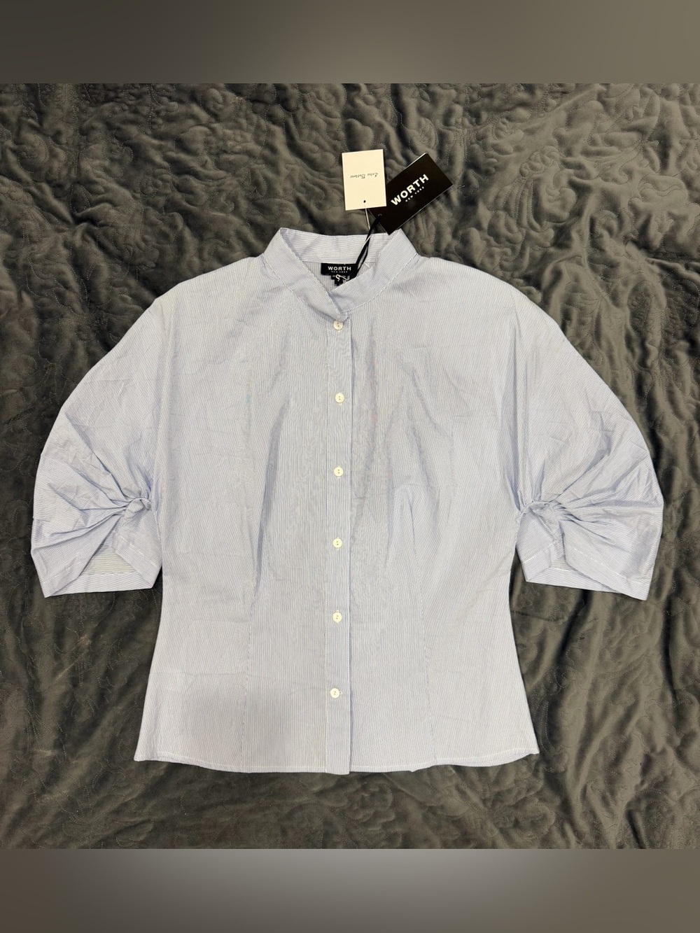 Worth Pale Blue Striped Men’s Band Collar Button-Down Shirt